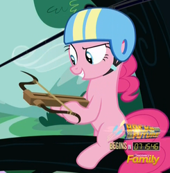 Size: 910x927 | Tagged: safe, screencap, pinkie pie, g4, the one where pinkie pie knows, back to the future, crossbow, discovery family logo, female, helmet, solo, zipline