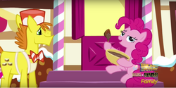Size: 1314x656 | Tagged: safe, screencap, carrot cake, pinkie pie, g4, the one where pinkie pie knows, bowl, discovery family, discovery family logo, lidded eyes, logo, mixing bowl
