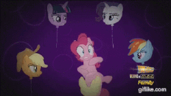 Size: 359x202 | Tagged: safe, screencap, applejack, fluttershy, pinkie pie, rainbow dash, rarity, spike, twilight sparkle, g4, the one where pinkie pie knows, animated, balloon, derp, eyes closed, frown, mane seven, mane six, nightmare fuel, open mouth, picture for breezies, you know for kids