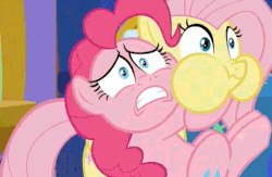 Size: 523x340 | Tagged: safe, screencap, fluttershy, pinkie pie, g4, the one where pinkie pie knows, animated, female, frown, gritted teeth, hug, puffy cheeks, wide eyes
