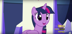 Size: 1360x650 | Tagged: safe, screencap, twilight sparkle, alicorn, pony, g4, the one where pinkie pie knows, discovery family, discovery family logo, female, logo, mare, smiling, solo, twilight sparkle (alicorn)