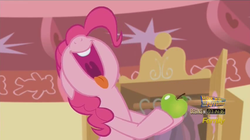 Size: 851x477 | Tagged: safe, screencap, pinkie pie, g4, the one where pinkie pie knows, apple, female, imminent consumption, nose in the air, open mouth, solo, tongue out, uvula, volumetric mouth