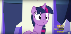 Size: 1360x652 | Tagged: safe, screencap, twilight sparkle, alicorn, pony, g4, the one where pinkie pie knows, discovery family, discovery family logo, female, logo, mare, solo, surprised, twilight sparkle (alicorn)