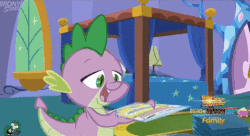 Size: 474x257 | Tagged: safe, screencap, spike, g4, the one where pinkie pie knows, action comics #1, animated, comic book, discovery family logo, fire, green fire, innocent look, male, solo, this will end in tears and/or death, whistling, you dun goofed, you had one job