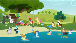 Size: 1920x1080 | Tagged: safe, screencap, aquamarine, blossomforth, boysenberry, candy mane, dizzy twister, gallop j. fry, lightning flare, little red, nursery rhyme, orange swirl, rumble, shady daze, tag-a-long, thunderlane, twist, earth pony, pegasus, pony, g4, the one where pinkie pie knows, back to the future, balloon, beach, birthday party, colt, discovery family logo, female, filly, flower, hat, inflatable toy, lake, male, mare, party, party hat, present, stallion, swimming, swing, tree