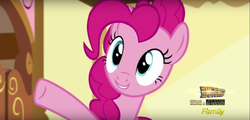 Size: 1360x654 | Tagged: safe, screencap, pinkie pie, g4, my little pony: friendship is magic, the one where pinkie pie knows, back to the future, discovery family logo, smiling