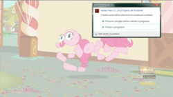 Size: 1215x683 | Tagged: safe, edit, edited screencap, screencap, pinkie pie, g4, the one where pinkie pie knows, adobe flash, crash, disintegration, error, female, microsoft windows, modular, pinkie pieces, portuguese, solo, streamers, windows 7, x.exe stopped working