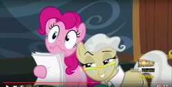 Size: 1360x692 | Tagged: safe, screencap, mayor mare, pinkie pie, g4, the one where pinkie pie knows, discovery family, discovery family logo, faic, logo, out of context, paper, smirk, wavy mouth