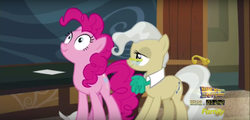 Size: 1360x654 | Tagged: safe, screencap, mayor mare, pinkie pie, g4, the one where pinkie pie knows, discovery family, discovery family logo, lidded eyes, logo, scrunchy face