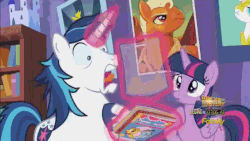 Size: 640x360 | Tagged: safe, screencap, shining armor, twilight sparkle, alicorn, pony, g4, the one where pinkie pie knows, animated, archie comics, ash, comic book, faic, female, horse noises, mare, nerd, screaming, smash fortune, twilight sparkle (alicorn)