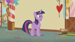 Size: 500x281 | Tagged: safe, screencap, pinkie pie, twilight sparkle, alicorn, pony, g4, the one where pinkie pie knows, animated, balloon, bouncing, confetti, discovery family, female, jaw drop, mare, open mouth, pinball, pinkie being pinkie, pinkie physics, shocked, twilight sparkle (alicorn), wide eyes