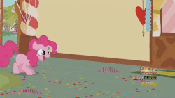 Size: 500x281 | Tagged: source needed, safe, screencap, pinkie pie, earth pony, pony, g4, season 5, the one where pinkie pie knows, animated, animated screencap, butt, discovery family, disintegration, eyes closed, female, frown, grin, mare, modular, open mouth, pinkie pieces, plot, pronking, smiling, solo, wide eyes