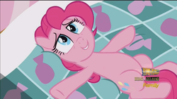 Size: 1366x768 | Tagged: safe, screencap, pinkie pie, earth pony, pony, g4, the one where pinkie pie knows, bed, belly, female, mare, solo, unfortunate logo placement