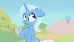 Size: 1280x720 | Tagged: safe, artist:suenden-hund, trixie, pony, unicorn, g4, magic duel, blushing, chest fluff, cute, female, floppy ears, fluffy, frown, mare, open mouth, scene interpretation, solo