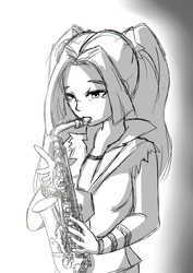 Size: 2480x3507 | Tagged: safe, artist:amazingpuffhair, aria blaze, equestria girls, g4, my little pony equestria girls: rainbow rocks, female, high res, monochrome, musical instrument, saxophone, solo