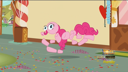 Size: 1920x1080 | Tagged: safe, screencap, pinkie pie, earth pony, pony, g4, the one where pinkie pie knows, confetti, discovery family, disintegration, female, frown, mare, modular, not salmon, open mouth, pinkie pieces, solo, sugarcube corner, wat, wide eyes