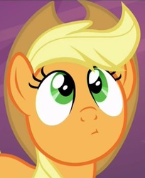 Size: 502x615 | Tagged: safe, screencap, applejack, earth pony, pony, g4, the one where pinkie pie knows, applejack's hat, cowboy hat, cute, face, female, hat, jackabetes, looking up, solo