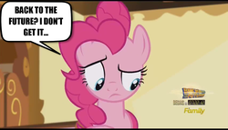 Size: 1277x731 | Tagged: safe, edit, edited screencap, screencap, pinkie pie, earth pony, pony, g4, the one where pinkie pie knows, back to the future, fourth wall, meta, text