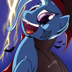 Size: 1000x1000 | Tagged: dead source, safe, artist:kerslap, trixie, pony, unicorn, g4, contest, electrixie, fangs, female, halloween, lightning, mare, solo