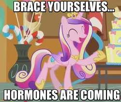 Size: 683x575 | Tagged: safe, screencap, princess cadance, g4, the one where pinkie pie knows, brace yourselves, cake, female, hormones, image macro, meme, pregnant, solo, sugarcube corner