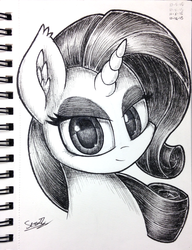 Size: 2109x2745 | Tagged: safe, artist:sheandog, rarity, g4, ear fluff, female, high res, monochrome, solo, traditional art