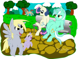 Size: 638x484 | Tagged: safe, artist:kindalkaykay, bon bon, derpy hooves, dinky hooves, doctor whooves, lyra heartstrings, sweetie drops, time turner, earth pony, pegasus, pony, unicorn, g4, background pony, belly, bench, female, filly, hoof on belly, male, sitting, sitting lyra, stallion