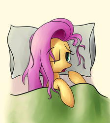 Size: 1024x1143 | Tagged: safe, artist:lollipony, fluttershy, pegasus, pony, g4, bed, bed mane, blanket, female, mare, morning ponies, one eye closed, pillow, solo, waking up, yawn