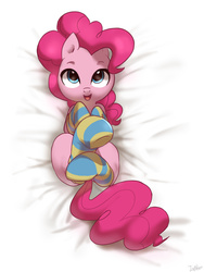 Size: 1200x1600 | Tagged: dead source, safe, artist:imalou, pinkie pie, earth pony, pony, g4, clothes, cute, diapinkes, female, mare, on back, open mouth, socks, solo, striped socks