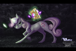 Size: 3711x2528 | Tagged: safe, artist:lilafly, sweetie belle, fanfic:the sweetie chronicles: fragments, g4, alternate cutie mark, book, fanfic art, female, high res, magic, solo, wanderer d