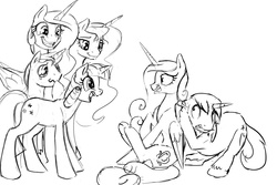 Size: 1280x853 | Tagged: safe, artist:silfoe, night light, princess cadance, princess celestia, princess luna, shining armor, twilight velvet, alicorn, pony, unicorn, royal sketchbook, g4, the one where pinkie pie knows, cowering, crying, female, grayscale, grin, gritted teeth, hiding, implied pregnancy, liquid pride, male, monochrome, nervous smile, open mouth, royal sisters, scared, siblings, sisters, sitting, sketch, smiling, squee, starry eyes, tears of joy, underhoof, wavy mouth, wide eyes, wingding eyes