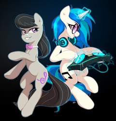 Size: 2084x2171 | Tagged: safe, artist:imalou, dj pon-3, octavia melody, vinyl scratch, earth pony, pony, unicorn, g4, bow, bowtie, dancing, duo, female, glasses, headphones, high res, looking at you, magic, mare, smiling, standing, turntable
