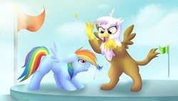 Size: 1853x1050 | Tagged: safe, artist:corwolf, gilda, rainbow dash, griffon, g4, cloud, cloudy, duo, filly, flag, younger