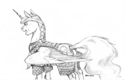 Size: 1100x703 | Tagged: safe, artist:baron engel, princess celestia, alicorn, pony, g4, armor, braid, female, horn, monochrome, open mouth, pencil drawing, solo, traditional art, wings