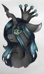 Size: 538x900 | Tagged: safe, artist:mintpencil, queen chrysalis, changeling, changeling queen, g4, chest fluff, crown, cute, cutealis, fangs, female, fluffy, jewelry, looking at you, portrait, regalia, simple background, smiling, solo, white background
