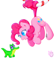 Size: 1087x1180 | Tagged: safe, artist:shadowhulk, gummy, pinkie pie, g4, hanging, prehensile tail