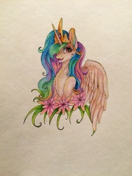 Size: 720x960 | Tagged: safe, artist:kindly-fox, princess celestia, g4, female, flower, fluffy, portrait, simple background, solo, spread wings, traditional art