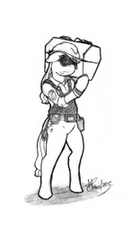 Size: 684x1167 | Tagged: artist needed, safe, applejack, earth pony, anthro, g4, arm hooves, belt, bottomless, clothes, engineer, engineer (tf2), female, floppy ears, frown, glare, goggles, helmet, monochrome, overalls, parody, simple background, solo, team fortress 2, white background