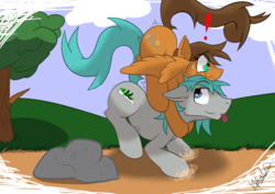 Size: 3035x2149 | Tagged: safe, artist:kassc, oc, oc only, oc:endra, oc:zero, pegasus, pony, unicorn, dust, emoticon, female, high res, male, mare, mounting, nervous, riding a pony, shipping, stallion, straight, valley