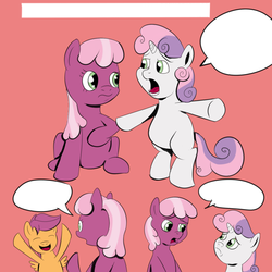 Size: 976x976 | Tagged: safe, artist:anonymous, cheerilee, scootaloo, sweetie belle, earth pony, pony, g4, /pone/, 8chan, bipedal, exploitable, eyes closed, frown, meme, open mouth, raised hoof, sad, sitting, smiling, speech bubble