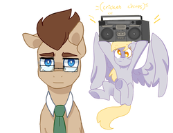 Size: 1148x888 | Tagged: safe, artist:buljong, derpy hooves, doctor whooves, time turner, earth pony, pegasus, pony, ask doctor whooves, g4, ask, background pony, boombox, boombox serenade, descriptive noise, female, glasses, male, mare, necktie, serenade, stallion, tumblr, you're doing it wrong