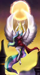 Size: 1652x3068 | Tagged: safe, artist:thetoonatic, princess celestia, anthro, g4, female, flying, glowing eyes, glowing horn, horn, magic, raising the sun, solo, spread wings