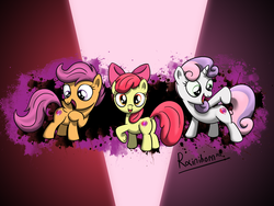 Size: 2560x1920 | Tagged: dead source, safe, artist:rainihorn, apple bloom, scootaloo, sweetie belle, earth pony, pegasus, pony, unicorn, crusaders of the lost mark, g4, abstract background, bloom butt, bow, butt, cutie mark, cutie mark crusaders, dock, excited, female, filly, foal, hair bow, looking at you, looking back, looking back at you, plot, pointing, signature, smiling, smiling at you, the cmc's cutie marks, trio