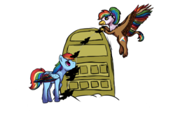 Size: 1024x819 | Tagged: safe, artist:coulorstrike, rainbow dash, oc, oc:rainbow feather, griffon, bats!, g4, decoration, door, interspecies offspring, magical lesbian spawn, mother and daughter, nightmare night, offspring, parent:gilda, parent:rainbow dash, parents:gildash