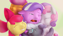 Size: 2560x1440 | Tagged: safe, artist:starblaze25, apple bloom, diamond tiara, scootaloo, silver spoon, sweetie belle, earth pony, pegasus, pony, unicorn, crusaders of the lost mark, g4, bow, crying, cutie mark, cutie mark crusaders, eyes closed, forgiveness, missing accessory, one eye closed, open mouth, tears of joy, the cmc's cutie marks, tiaralove