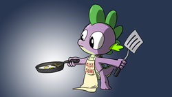 Size: 1280x720 | Tagged: safe, artist:fimflamfilosophy, spike, dragon, rainbow dash presents, g4, apron, bacon and eggs, clothes, frying pan, gradient background, kiss the cook, male, naked apron, solo, spatula