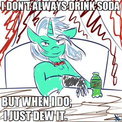 Size: 1000x1000 | Tagged: safe, artist:mabu, lyra heartstrings, g4, 30 minute art challenge, dank, gloves, hand, just do it, meme, mountain dew, pun, shia labeouf, silly, soda, that pony sure does love hands, the most interesting man in the world