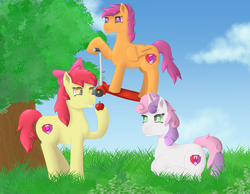 Size: 4500x3500 | Tagged: safe, artist:fla94, apple bloom, scootaloo, sweetie belle, crusaders of the lost mark, g4, apple, cutie mark, cutie mark crusaders, scooter, the cmc's cutie marks