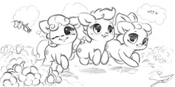 Size: 1200x600 | Tagged: safe, artist:sverre93, apple bloom, scootaloo, sweetie belle, earth pony, pegasus, pony, unicorn, g4, :3, chibi, cloud, cute, cutie mark crusaders, female, filly, flower, foal, monochrome, one eye closed, open mouth, sketch, smiling, sverre is trying to murder us, sweet dreams fuel, wink