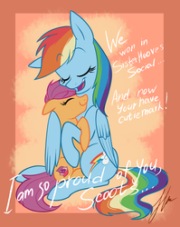 Size: 1280x1612 | Tagged: safe, artist:winter1987, rainbow dash, scootaloo, pegasus, pony, crusaders of the lost mark, g4, cutie mark, dialogue, hug, scootalove, the cmc's cutie marks, winghug