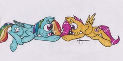 Size: 1024x509 | Tagged: safe, artist:shikogo, rainbow dash, scootaloo, pegasus, pony, g4, duo, female, looking at each other, lying, on side, scootalove, smiling, spread wings, traditional art, wings